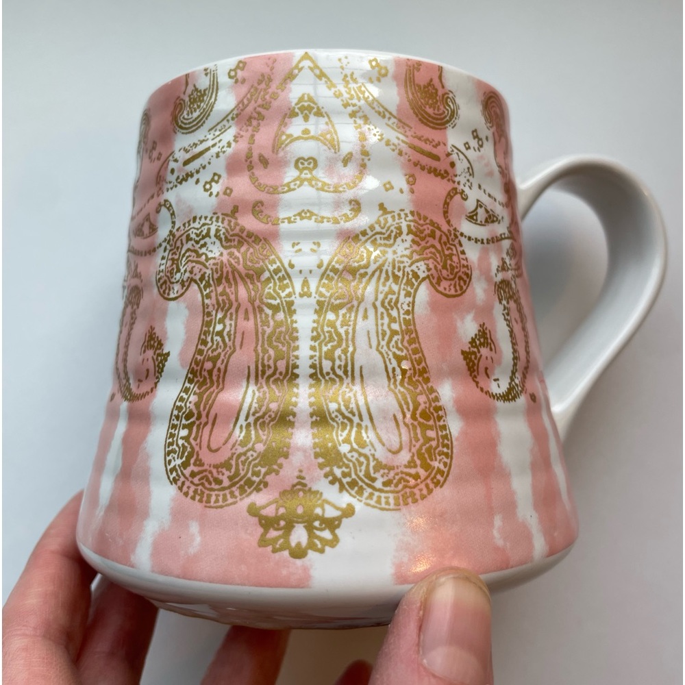 Patina Vie pink and gold ceramic coffee mug. Choose Happy